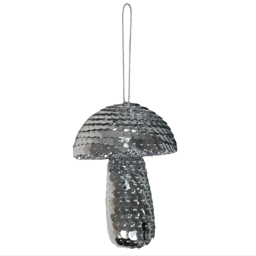 (2) Silver Sequin Hanging Disco Mushroom Fungi NEW